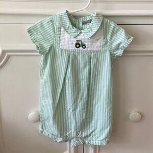 24 month green and white striped tractor romper outfit for boy